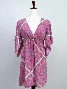 Alice & Trixie 100% Silk Pink Bohemian 70s Kimono Sleeve V-Neck Mini Dress SMALL